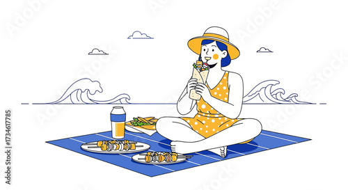 Young woman enjoying a picnic on the beach with delicious food and refreshing drink outdoors