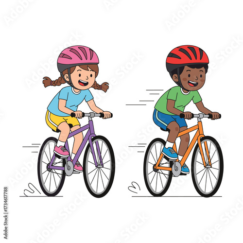 Diverse children happily riding bicycles wearing helmets for safety and fun