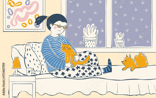 A girl with pets in her room. The illustration is hand-drawn. Vector
