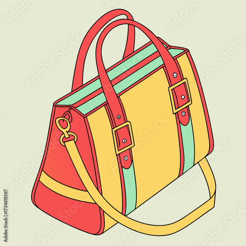 Colorful duffel bag red, yellow, teal accents, handles a shoulder strap