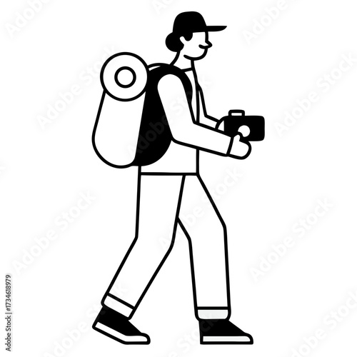 A person a backpack camera walking