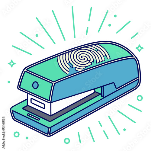 A blue green stapler radiating lines sparkles