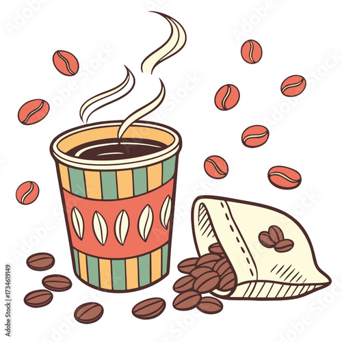 Steaming cup of coffee coffee beans spilling a bag
