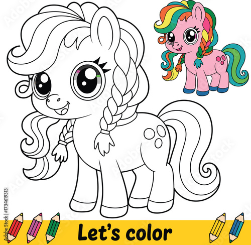 Cartoon pony coloring page with reference image, braided mane, hearts, cheerful expression, “Let’s color” banner, children’s activity vector illustration