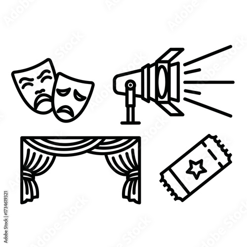 Line art icons representing theater elements like comedy and tragedy masks, a spotlight, stage curtains, and a show ticket.