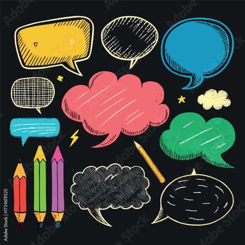 Colorful doodle illustration with pencils, speech bubbles, stars, and sketchy hand-drawn style