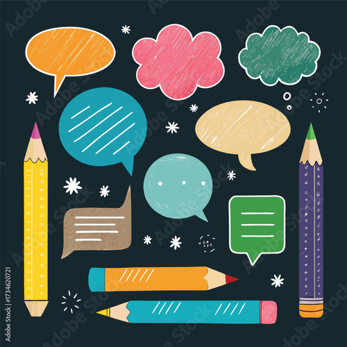 Colorful doodle illustration with pencils, speech bubbles, stars, and sketchy hand-drawn style
