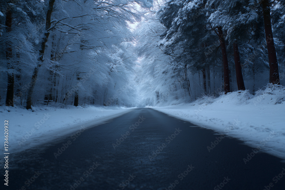 Fototapeta premium Snow Road Leading Into Forest Landscape