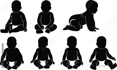 Black baby silhouettes in crawling and sitting poses, isolated vector icons for infant development, posture analysis, childcare, and parenting design