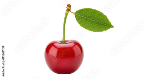 Isolated ripe cherry with leaf, fresh red fruit, healthy summer snack, single sweet item