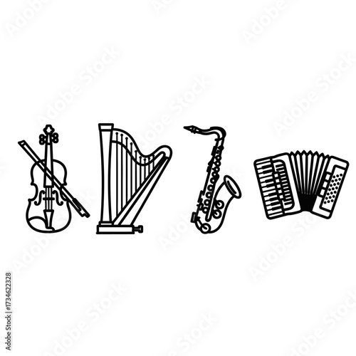 Line art illustration featuring a collection of diverse musical instruments including a violin, harp, saxophone, and accordion.