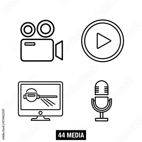 A collection of four black and white line art icons representing different aspects of media and entertainment.