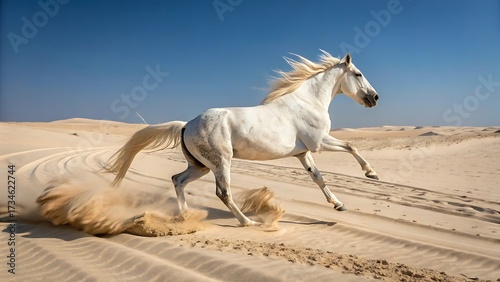 Majestic white arabian horse gallops freely across the vast, sandy desert landscape