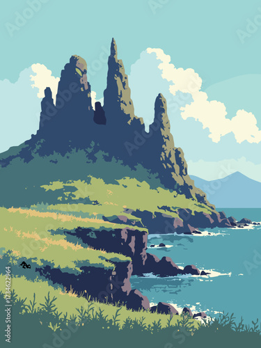 Old Man of Storr, Isle of Skye, Scotland – dramatic rock pinnacles rising over wind-carved grass slopes and coastal light, no people