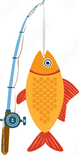 Fishing rod with caught orange fish illustration
