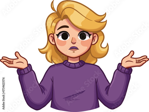 Confused person, cartoon character, raised hands, questioning gesture, puzzled face, emotion illustration, vector design, uncertainty pose, expressive icon, human reaction