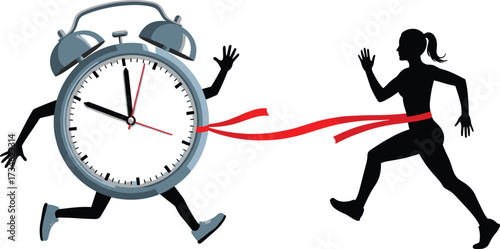 Time Management Concept Illustration, Silhouette of Woman Runner Racing Against a Large Running Alarm Clock, Deadline Met, Achieving Goals, Time Pressure, Speed, Success, Business Challenge.
