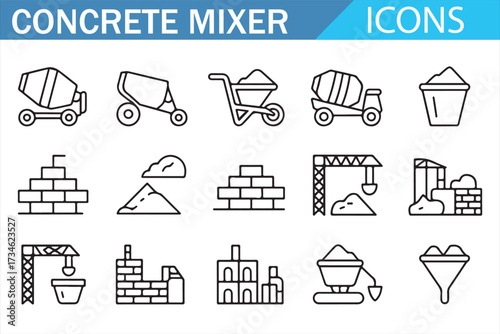 Brick, Sand, Bucket, Mixer—Clean Outline Icon Set
