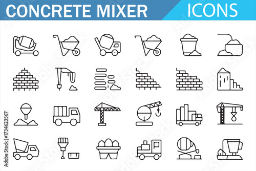 Concrete Work Tools & Trucks Thin Line Icons