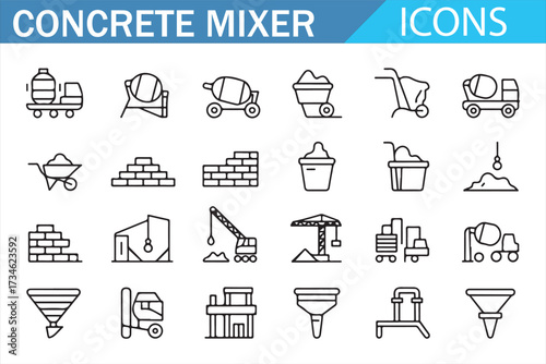 Cement Mixer, Crane, Wheelbarrow Minimal Icons Pack