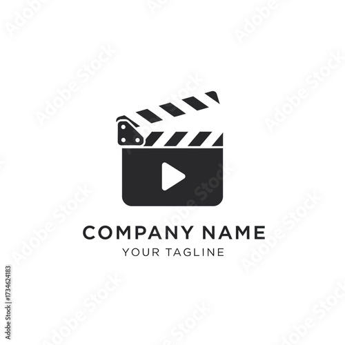 A black clapperboard with a play button icon, representing film production and media, with placeholder company name and tagline.