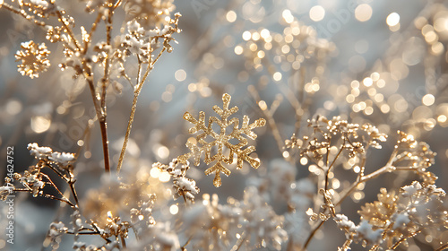 Golden Snowflakes, Frosted Pines, and Glowing Decorations Welcoming a Merry Christmas and a Joyful New Year. Happy new year
