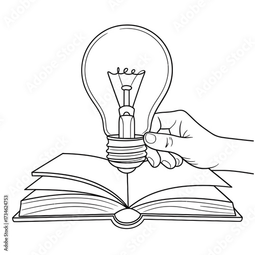 Hand holding a lightbulb emerging from an open book
