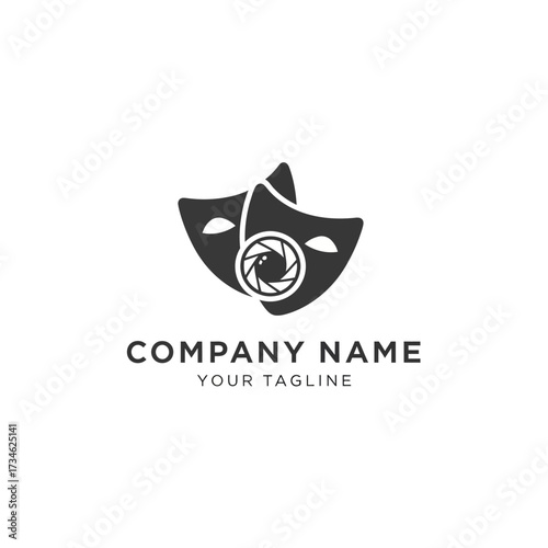 A logo featuring two theatrical masks with a camera lens aperture in the center, representing the intersection of drama and photography or film.