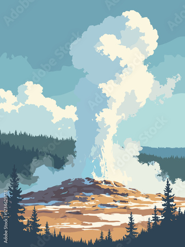 Yellowstone (Old Faithful geyser), USA – steaming geyser erupting against a conifer rim and mineral terraces, plume and spray detail, no people