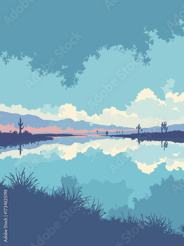 Salar de Uyuni, Bolivia – mirror-reflection after rain with endless sky and faint distant cacti silhouettes, hyper-real horizon, no people