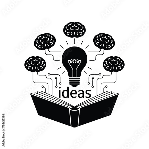 Open book with lightbulb and brains symbolizing ideas and knowledge