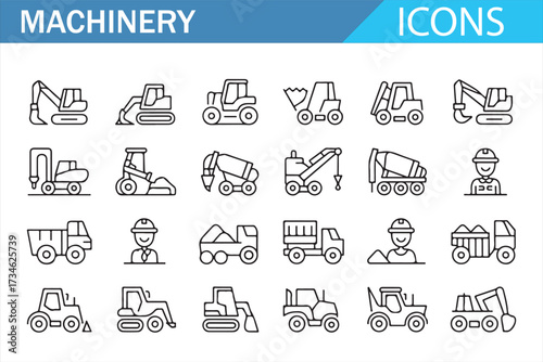 Building Site Machines Icon Set — Clean Outline Symbols