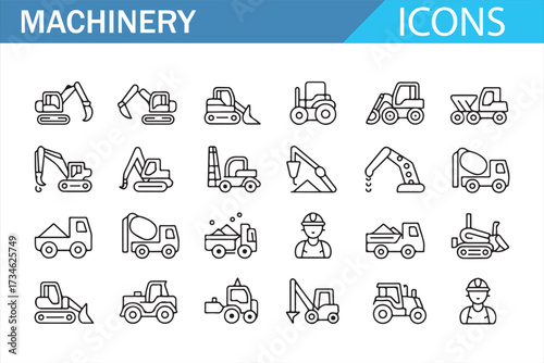 Industrial Equipment Line Icons — Excavators, Loaders, Trucks