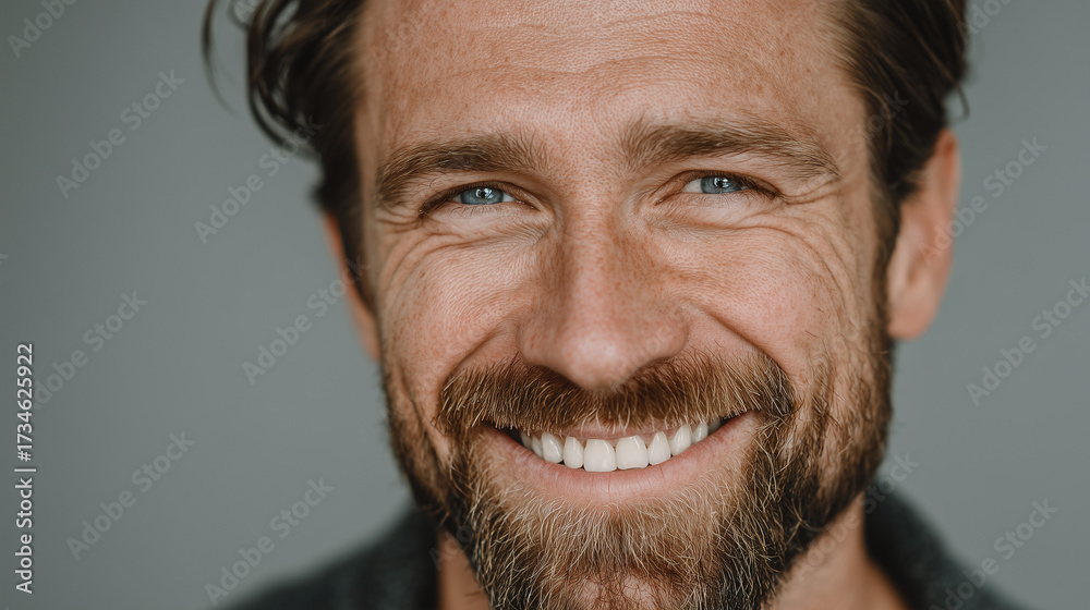 Obraz premium Close-up of a joyful and self-assured man with a genuine, heartwarming smile and bright blue eyes, radiating positive energy and a welcoming demeanor