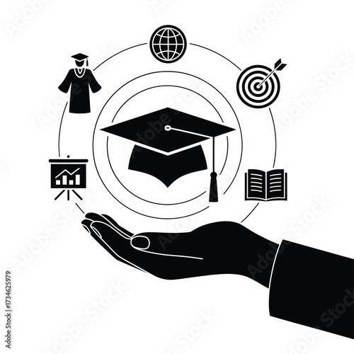 Hand holding graduation cap and educational icons representing global learning