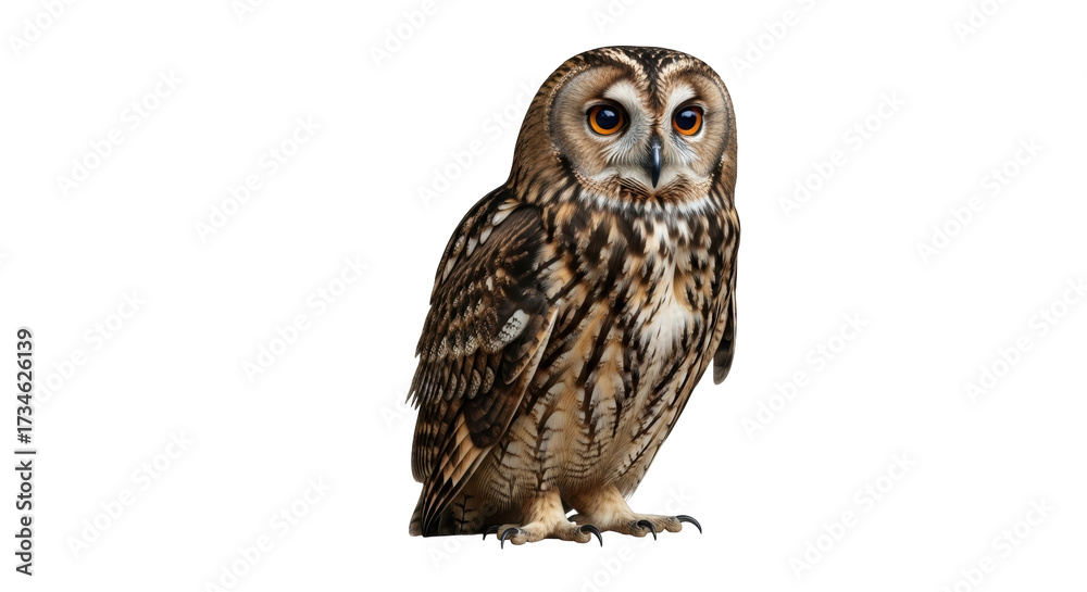 Obraz premium Isolated Long-eared Owl on a Clear Background, Perched with Direct Eye Contact, a Majestic Bird