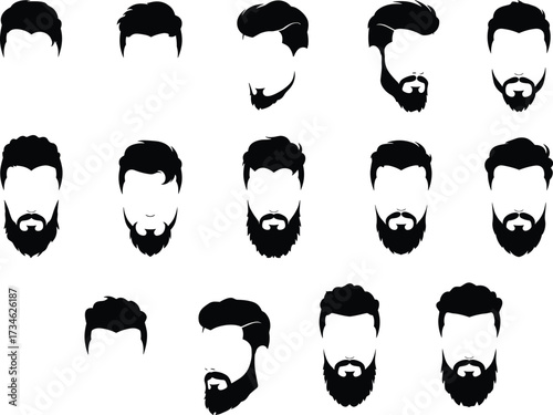 Male hairstyle silhouettes, beard styles, trendy haircut vector, barbershop icons, modern man grooming, fashion hair design, isolated face illustration, editable clipart