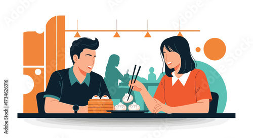A charming couple enjoys delicious dim sum at a cozy restaurant atmosphere illustration