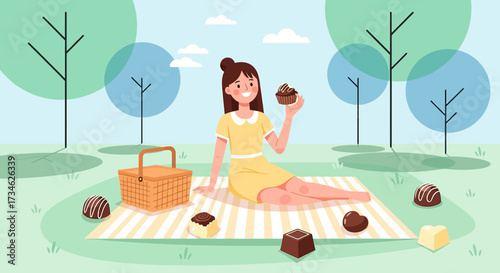 A charming picnic scene with a young woman enjoying sweets in a picturesque park setting