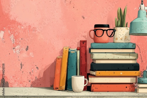 Cozy desk scene displaying books, coffee, plant, and an old crackled wall