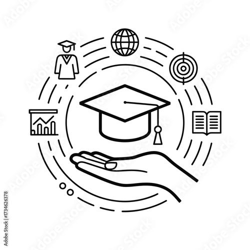 Education concept with graduation cap and hand holding knowledge icons