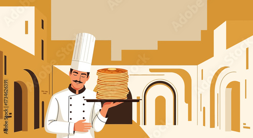 A culinary masterpiece a chef presents a delightful stack of pancakes in a charming setting