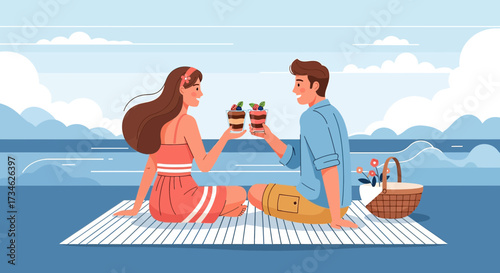 A couple enjoying a romantic picnic at the beach with sweet desserts and scenic ocean views