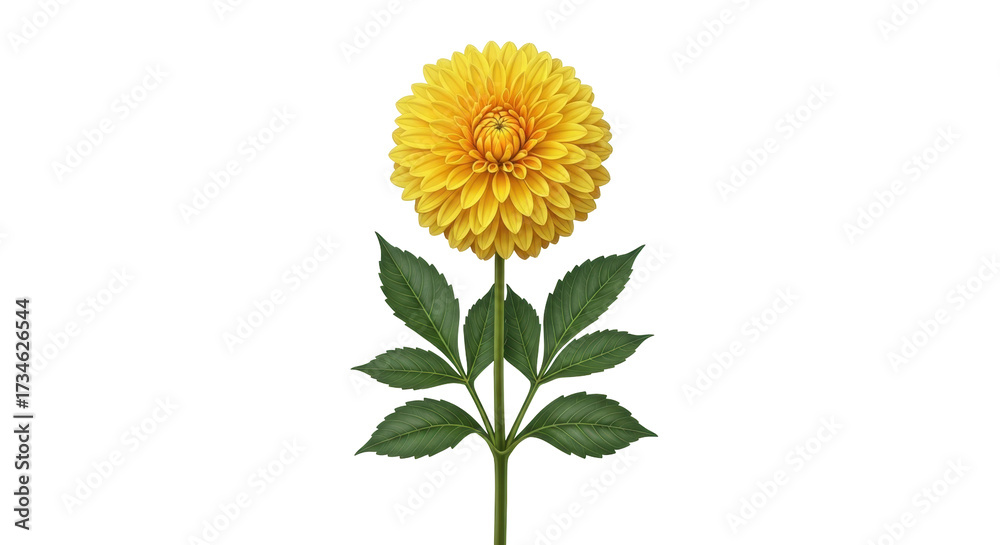 Fototapeta premium Isolated yellow dahlia flower on a stem, featuring symmetrical green leaves illustration