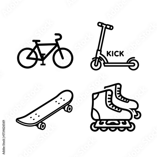 A collection of four black and white line icons featuring a bicycle, kick scooter, skateboard, and inline skates, representing urban transport and leisure.