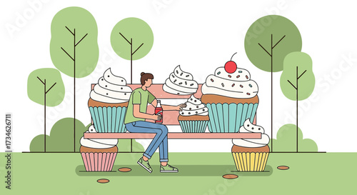 A man relaxing on a bench surrounded by giant cupcakes enjoying a refreshing drink in a park setting