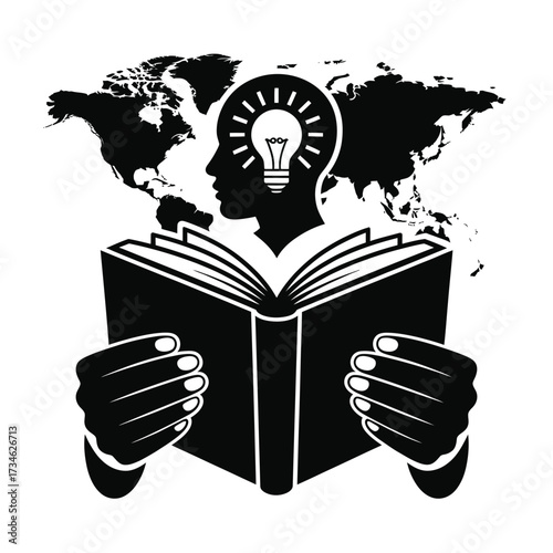 Silhouette of a person reading a book with a lightbulb idea in their head