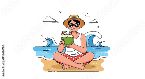 A relaxing day at the beach with a man enjoying fresh coconut drink illustration