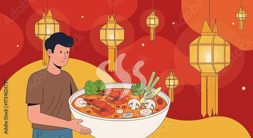 A man serves Tom Yum soup in a festive setting with traditional lanterns illustration
