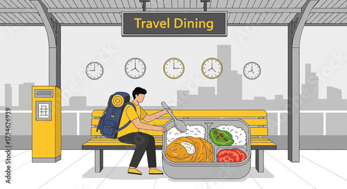A traveler enjoying a bento box meal at a train station with time zone clocks displayed